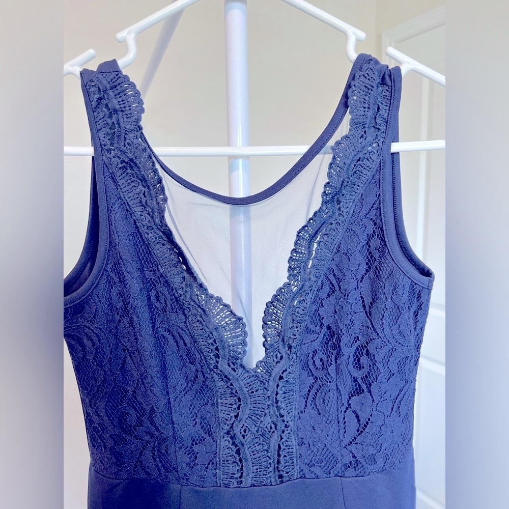 Sleeveless Lace Patchwork Deep V-Neck A Line Blue Dress Size S